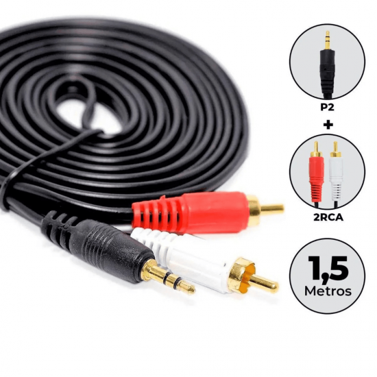 2 Cabos Auxiliar P2 Macho X Rca Macho Audio 1,5m P/ Som / Tv / Home Theater Audio Video