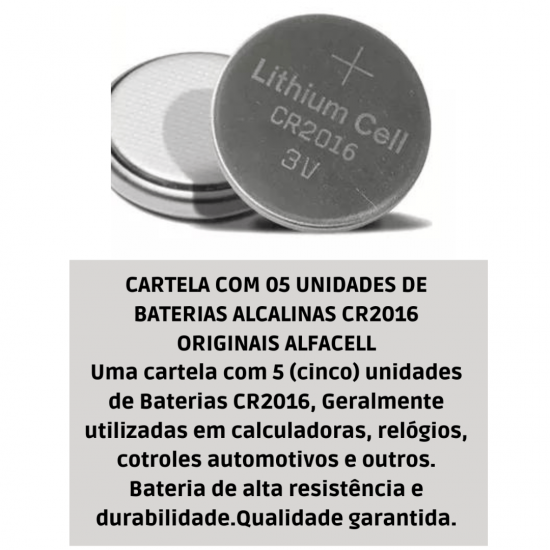 5 Baterias Pilha Botão CR2016 3V Moeda 1 Cartela (Blister com 5) CR 2016 3 V