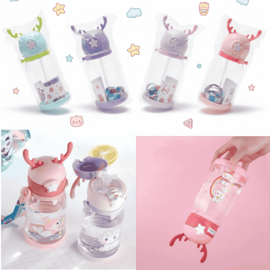 Garrafa copo De Alce Água Infantil Criança Portátil Com Canudo Desenho Fantasia Para Meninas Meninos