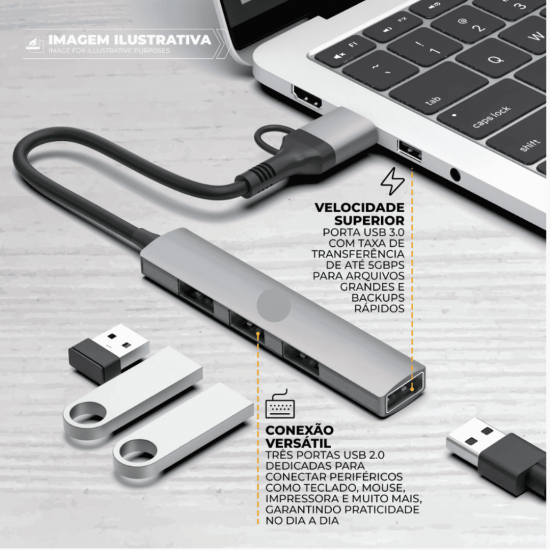 Adaptador Hub USB Tipo-C 4 em 1 de alta velocidade OTG com 4 portas para Macbook Pro, PC e laptop.