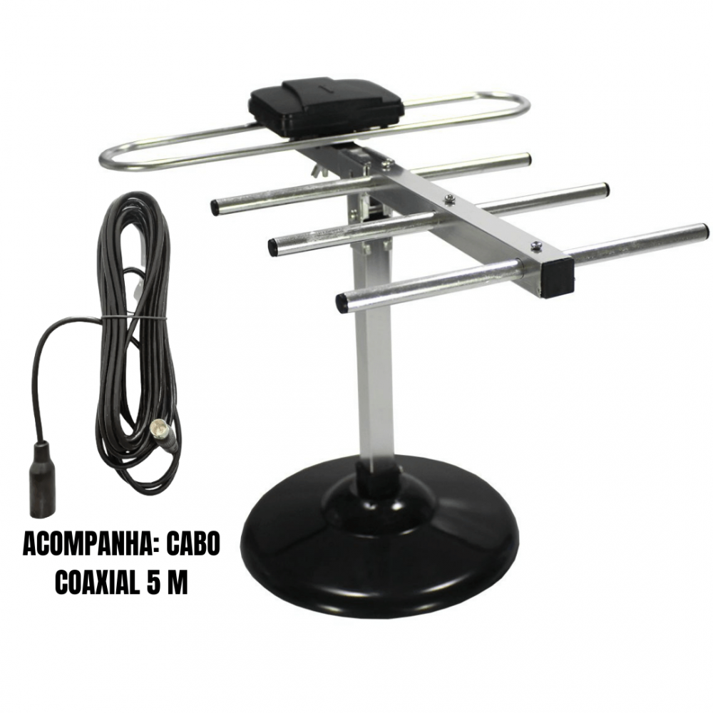 Antena digital hd tv interna e externa cabo 5m base vhf uhf fm
