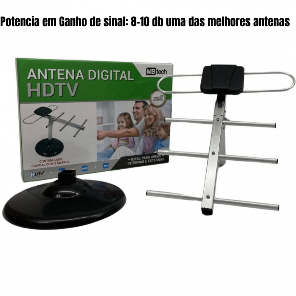 Antena digital televisão hd tv interna e externa cabo 5m base vhf uhf fm