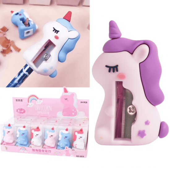 Kit com 24 Apontador Fofo e Divertido Formato Criativo / unicornio  / bichinho sorridente