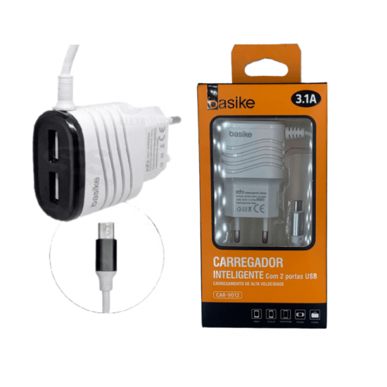 BACAR-9012(BASIKE) CARREGADOR BASIKE COM CABO INTEGRADO MICROUSB 2USB 3.1A 5V