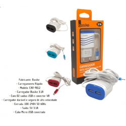 BACAR-9012(BASIKE) CARREGADOR BASIKE COM CABO INTEGRADO MICROUSB 2USB 3.1A 5V
