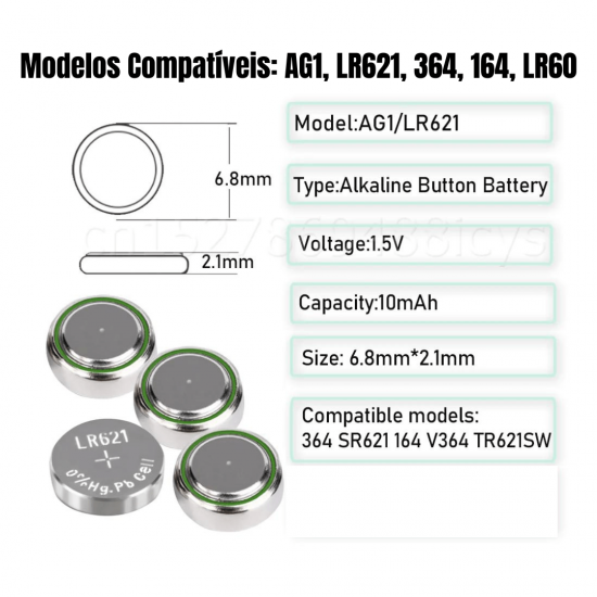 Bateria botão 364 LR621 AG1 cartela c/ 10 und. MAXMIDIA