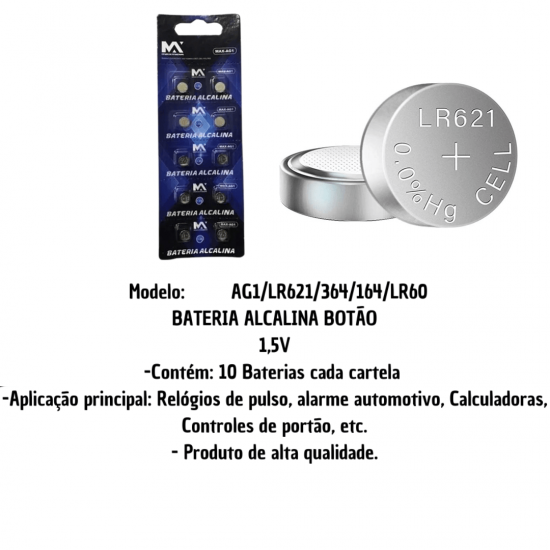 Bateria botão 364 LR621 AG1 cartela c/ 10 und. MAXMIDIA