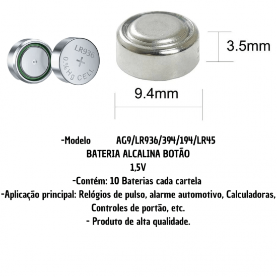 Bateria botão 394, 194 Lr936 Ag9 cartela c/ 10 un