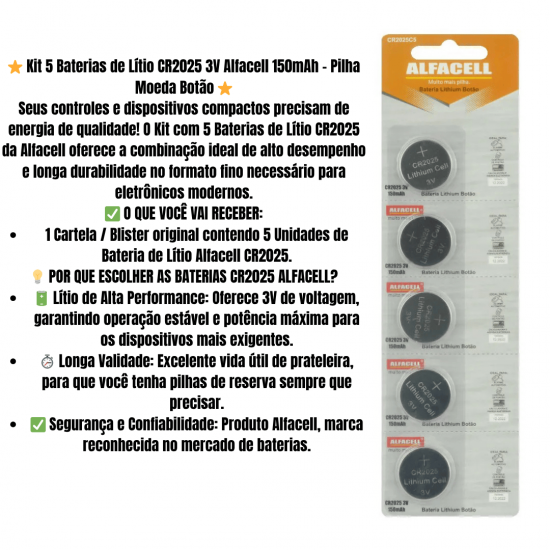 Bateria Pilha 3v Cr2025 (Cartela C/5) Alfacell