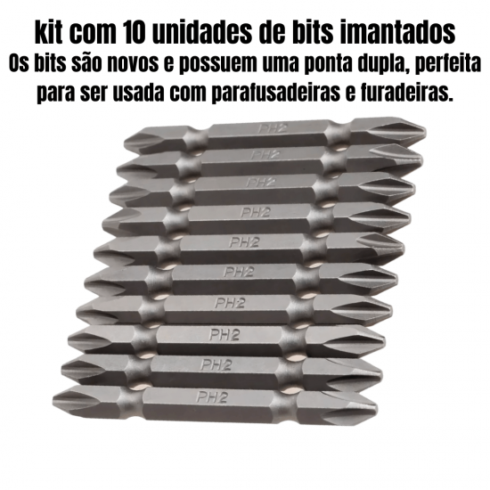 Kit Ponteira Bits 10 Peças Ponteira Dupla Magnetica Parafusadeira 65mm Ph2 Philips