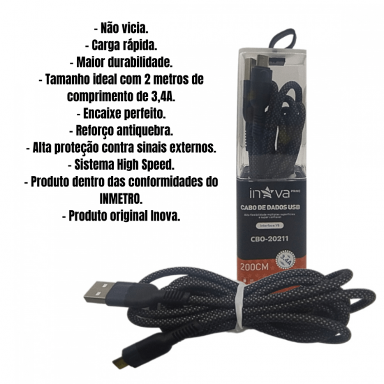 Cabo 2 metros Android V8 carregador carrega rápido reforçado