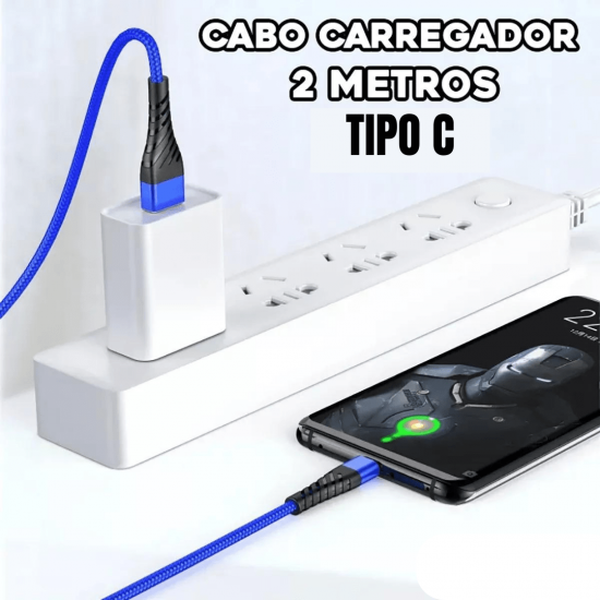 Cabo 2 metros tipo c carregador carrega rápido reforçado