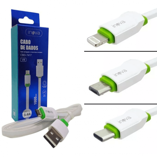 Cabo Carregador Turbo 1 Metro iPhone Samsung Xiaomi Android V8 USB C Rápido Inova Original