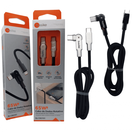 Cabo de Carregamento de 180 Graus Tipo C  Super Rápido iphone android 65w Basike