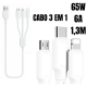 Cabo de dados 3 em 1 cabo tipo c usb carregador ultra rápido 1 metro resistente