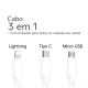 Cabo de dados 3 em 1 cabo tipo c usb carregador ultra rápido 1 metro resistente