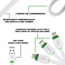 Cabo Carregador Turbo 1 Metro iPhone Samsung Xiaomi Android V8 USB C Rápido Inova Original