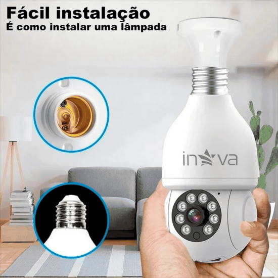 Câmera wifi ip sem fio giratória 360 com encaixe lampada bocal rosca ptz full HD visão noturna segurança - bivolt