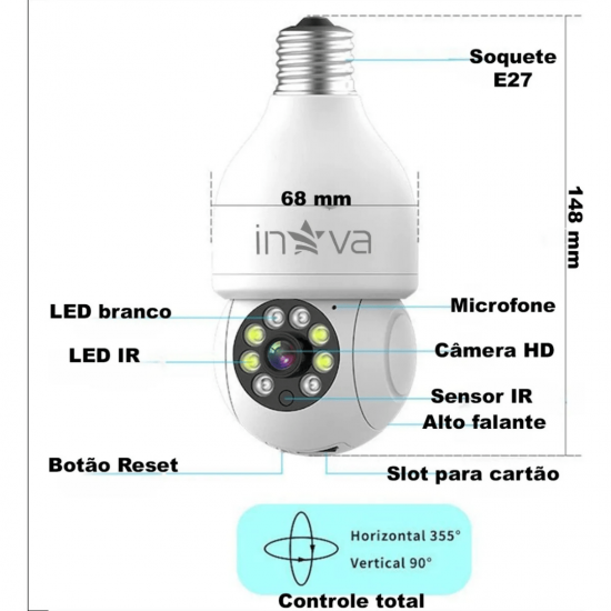 Câmera wifi ip sem fio giratória 360 com encaixe lampada bocal rosca ptz full HD visão noturna segurança - bivolt
