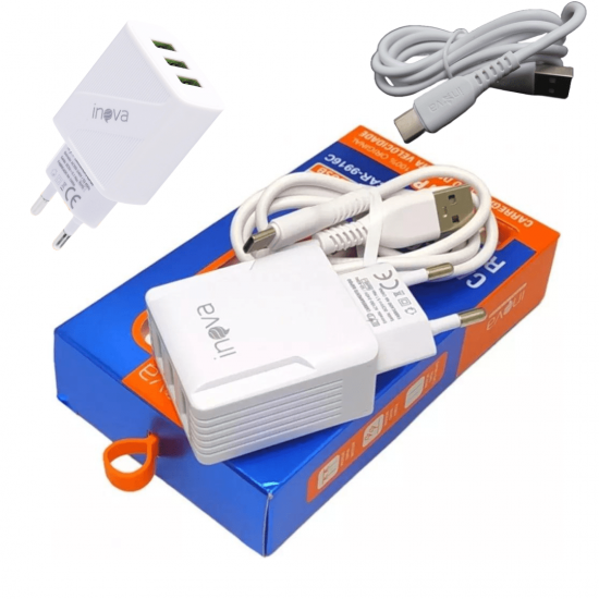 Carregador Tipo C Fonte Celular 3 Entradas USB Tomada 5.1A Turbo Rápida