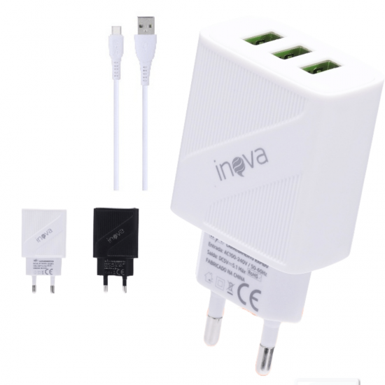 Carregador Tipo C Fonte Celular 3 Entradas USB Tomada 5.1A Turbo Rápida