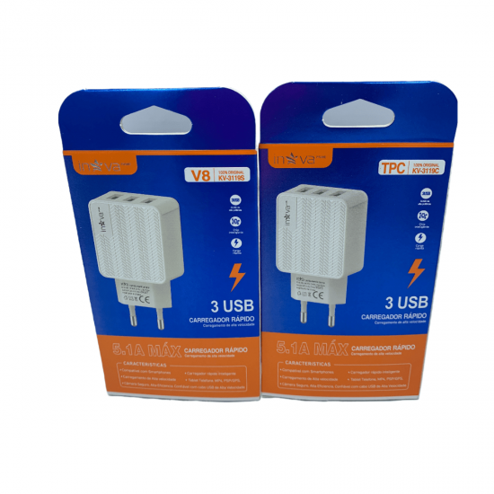 Carregador Celular 3 Entradas USB Fonte Tomada 5.1A Turbo Rápida