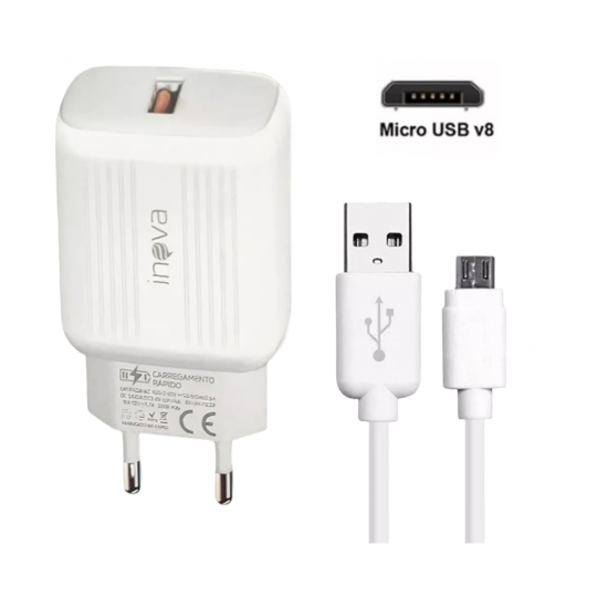 CARREGADOR DE TOMADA COM 1 SAIDA USB, AC100-240V DC5V 20W, MATERIAL ABS, + CABO DE DADOS USB
