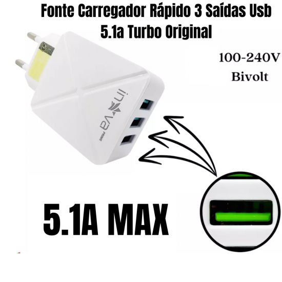 Carregador Fonte Celular 3 Entradas USB Tomada 5.1A Turbo Rápida