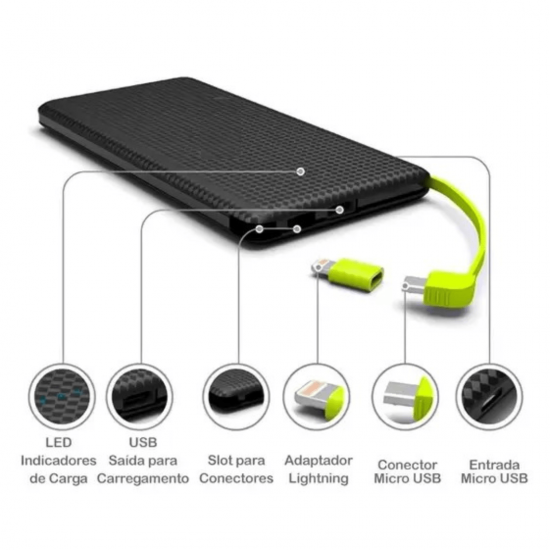 Carregador Portátil Power Bank 5000mah com adaptador iPhone,V8