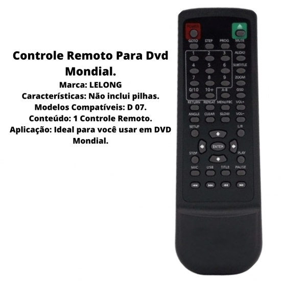 Controle Remoto para Dvd Mondial D-07 / D 07