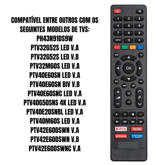 Controle Remoto Tv Philco tecla netfllix Prime Video globoplay