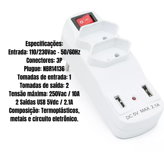 Filtro de Linha Clamper Extensão Tomada Com 2USB Bivolt