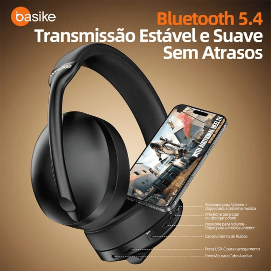 Fone de Ouvido Bluetooth Basike Cancelamento de Ruído Ativo Headphone Bluetooth 5.3 Headset com Microfone, 20h de Música