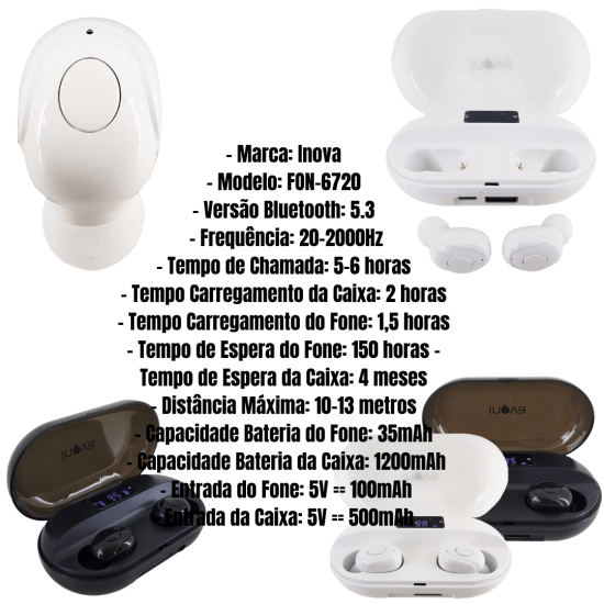 Fone de Ouvido Bluetooth Sem Fio TWS Wireless Intra Auricular Original Inova Basike