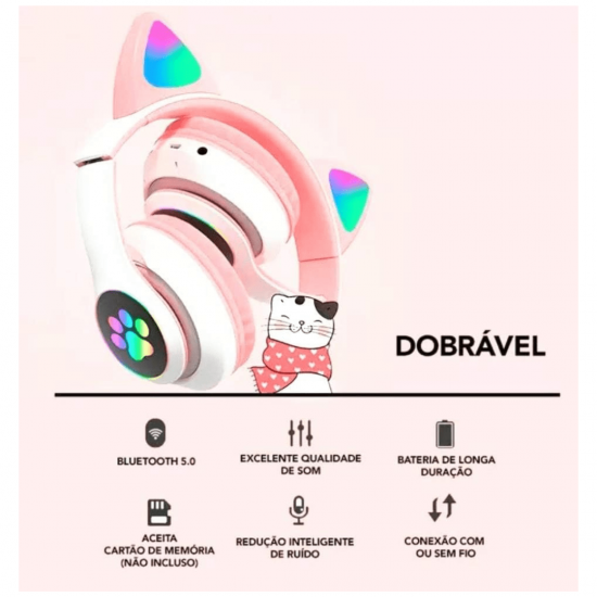 Fone De Ouvido Orelha De Gato Gatinho Cat Bluetooth Ear Com Led Rgb Headphone