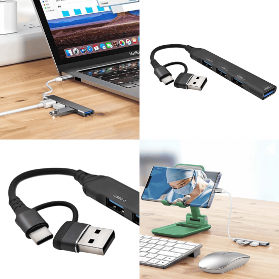 Adaptador Hub USB Tipo-C 4 em 1 de alta velocidade OTG com 4 portas para Macbook Pro, PC e laptop.