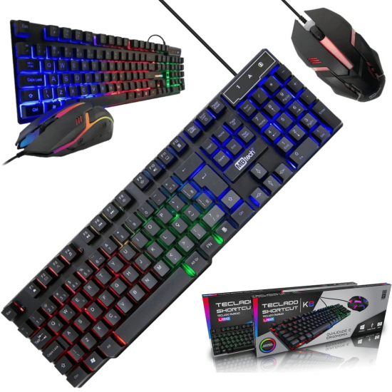 Kit Teclado E Mouse Gamer Semi Mecânico Com Luzes Led Rgb Computador Notebook PC