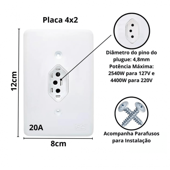 Kit 10 Tomadas Duplas 20 amperes Conjunto 4x2 Tomada Dupla 20A