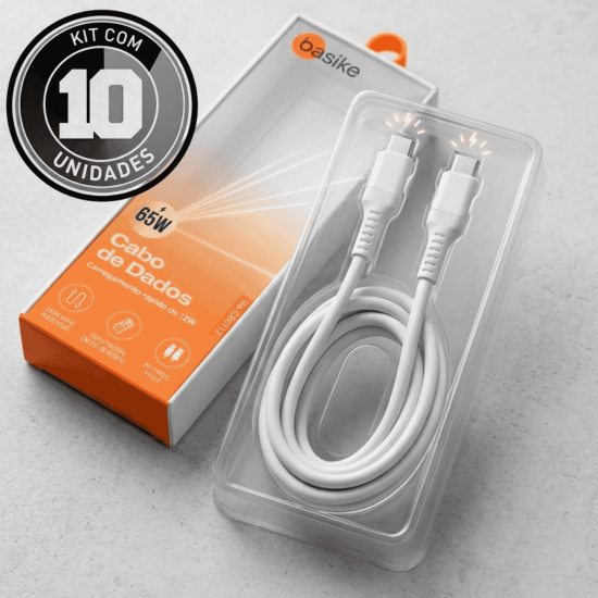 KIT 10 BA-CBO112 CABO DE DADOS USB-C, PARA USB-C, 65W, 1 METRO, BRANCO, MARCA BASIKE