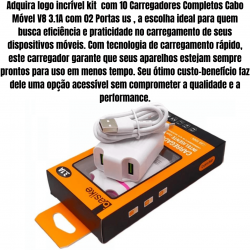 kit 10 Carregadores Fonte Com Cabo 2 Entradas Celular Android v8