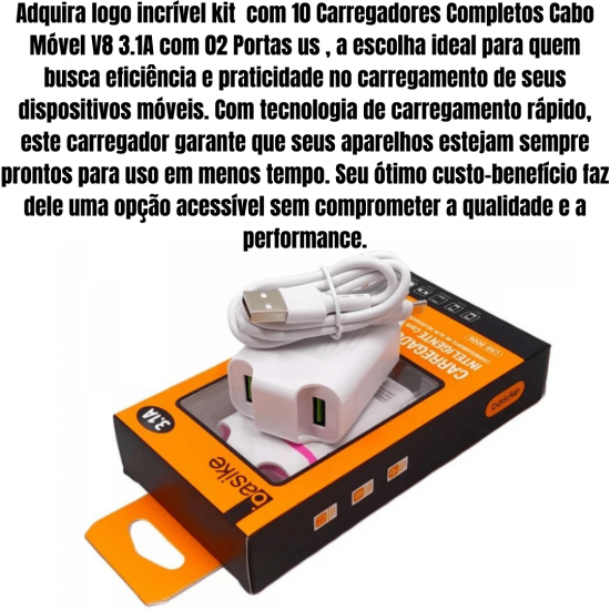 kit 10 Carregadores Fonte Com Cabo 2 Entradas Celular Android v8