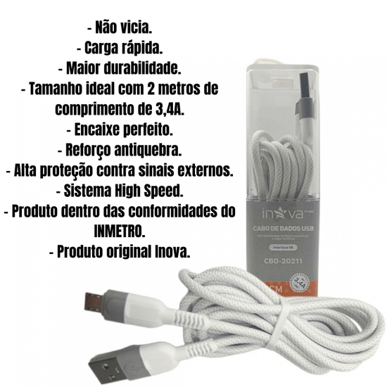 Kit 10 cabos 2M carregador reforçado carga rápido para android v8 inova tubo