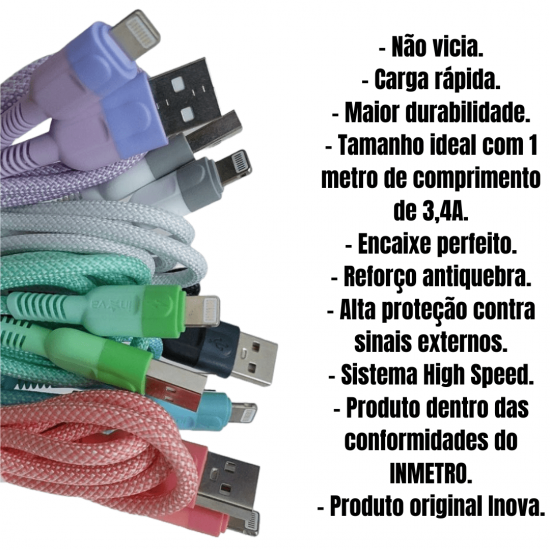 KIT 10 Cabos Carregador Reforçado carga Rápido para Iphone inova Tubo