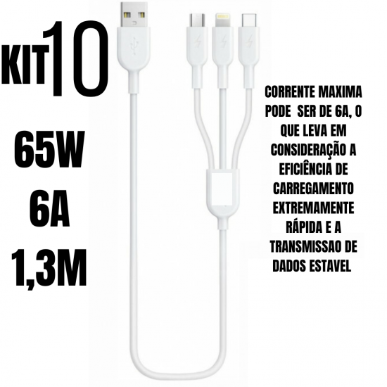 Kit 10 Cabos de dados 3 em 1 cabo tipo c usb carregador ultra rápido 1 metro resistente
