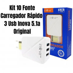 kit 10 Carregadores Celular 3 Entradas USB Fonte Tomada 5.1A Turbo Rápida