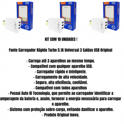 kit 10 Carregadores Celular 3 Entradas USB Fonte Tomada 5.1A Turbo Rápida