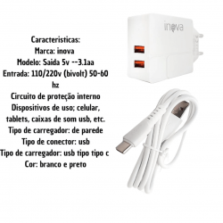 Kit 10 carregadores celular inova 3.1 android tipo c 2 usb