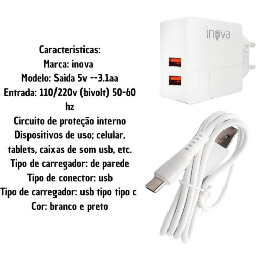 Kit 10 carregadores celular inova 3.1 android tipo c 2 usb