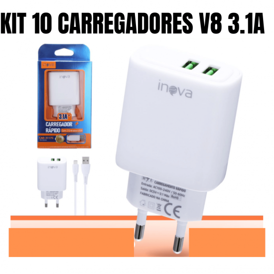 Kit 10 carregadores celular inova 3.1 android V8 2 usb