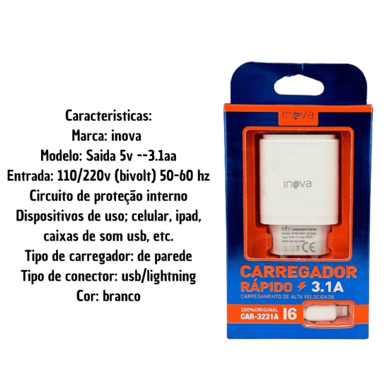 Kit 10 Carregadores Celular Inova 3.1 iphone 2 Usb Carregamento Rápido IOS